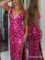 Sparkly V-Neck Backless Pink Glitter Prom Dress with High Slit – Sexy Evening Gown, PD382262