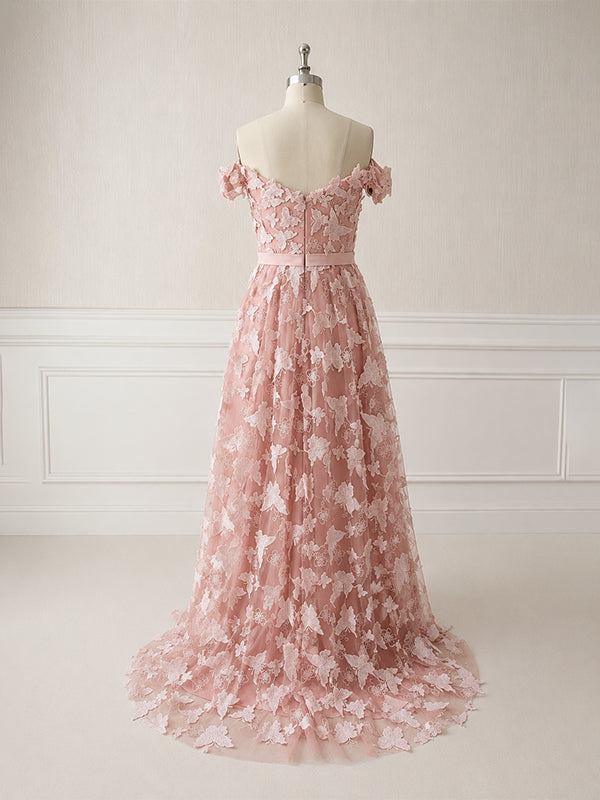 Elegant Pink Butterfly Off Shoulder A-Line Evening Dress, Wedding Guest Dress, PD00247