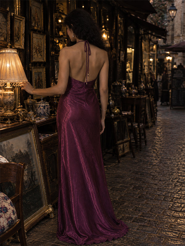 Vintage Plum Beaded Halter Mermaid  Prom Dress, Evening Dress, PD28231241