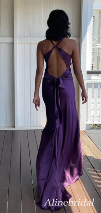 Simple Purple Satin Hlalter Criss Cross A-line Prom Dress, PD3823021