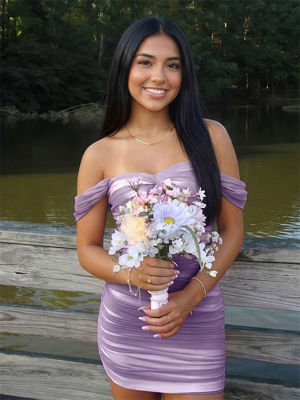 Elegant Purple Pleated Off the Shoulder Short Homecoming Dress, HC382291