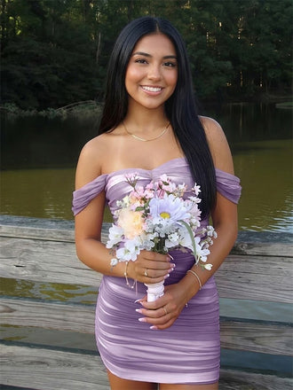 Elegant Purple Pleated Off the Shoulder Short Homecoming Dress, HC382291