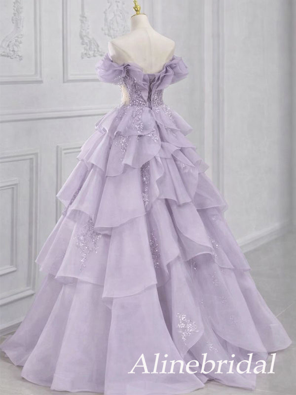 Elegant Purple Strapless A-line Long Layered Tulle Prom Dress, Evening Dress, PD37764
