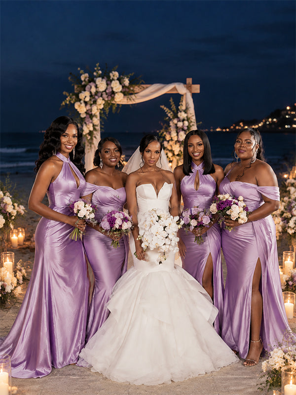 Mismatched Purple Off Shoulder Side Slit Mermaid Bridesmaid Dress, PD2823101
