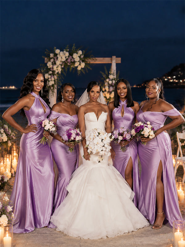 Mismatched Purple Off Shoulder Side Slit Mermaid Bridesmaid Dress, PD2823101