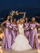 Mismatched Purple Off Shoulder Side Slit Mermaid Bridesmaid Dress, PD2823101