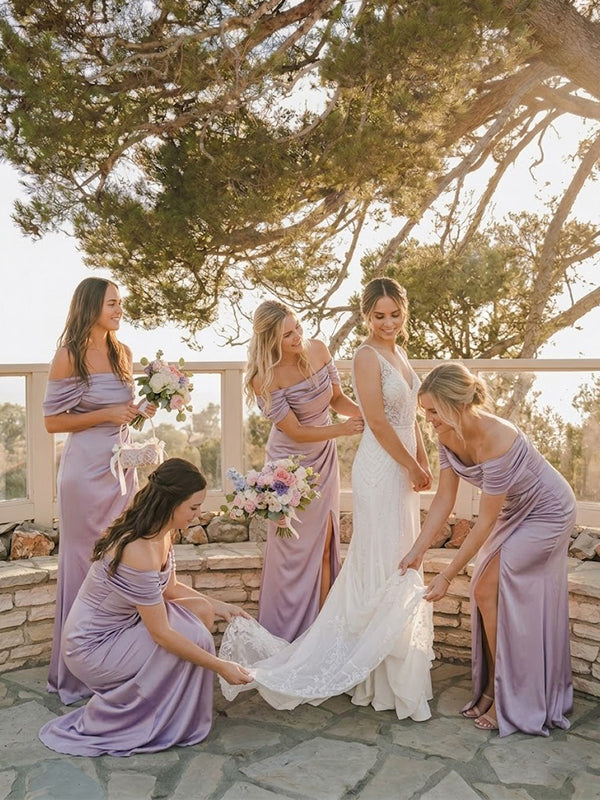 Elgant Lilac Off the Shoulder Mermaid Bridesmaid Dress with Slit, PD28 – AlineBridal