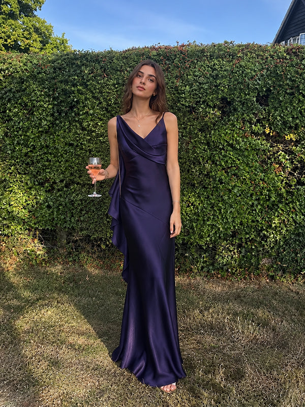 Elegant Royal Purple V-Neck Ruffles Maxi Satin Prom Dress, Evening Dress, PD28231258