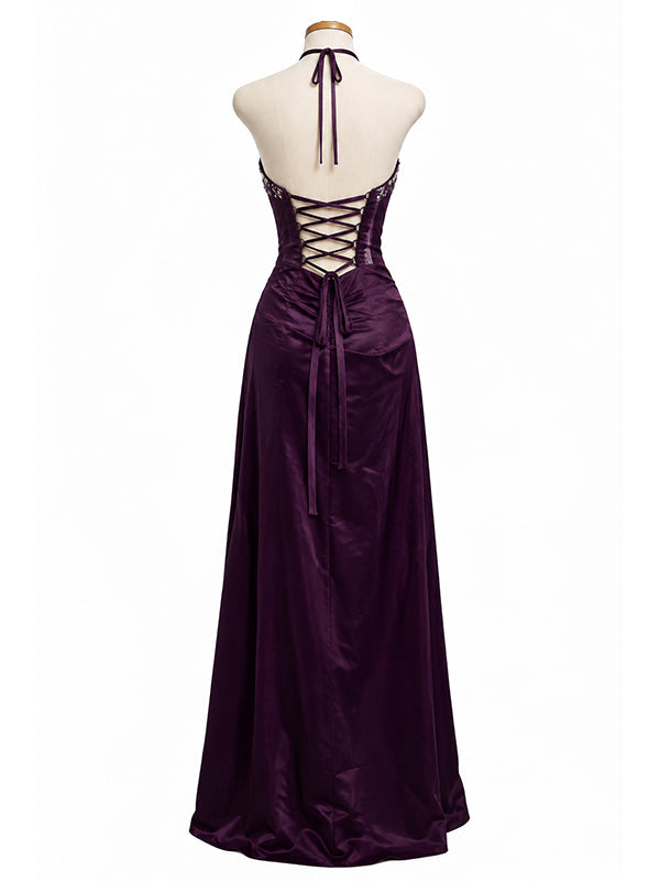 Vintage Purple Beaded Halter A-line Prom Dress, Evening Dress, PD3822998