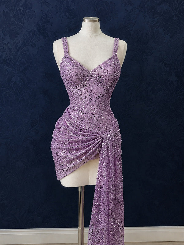 Sparkly Purple Sequins Pleaded Short Homecoming Dress, HC382298