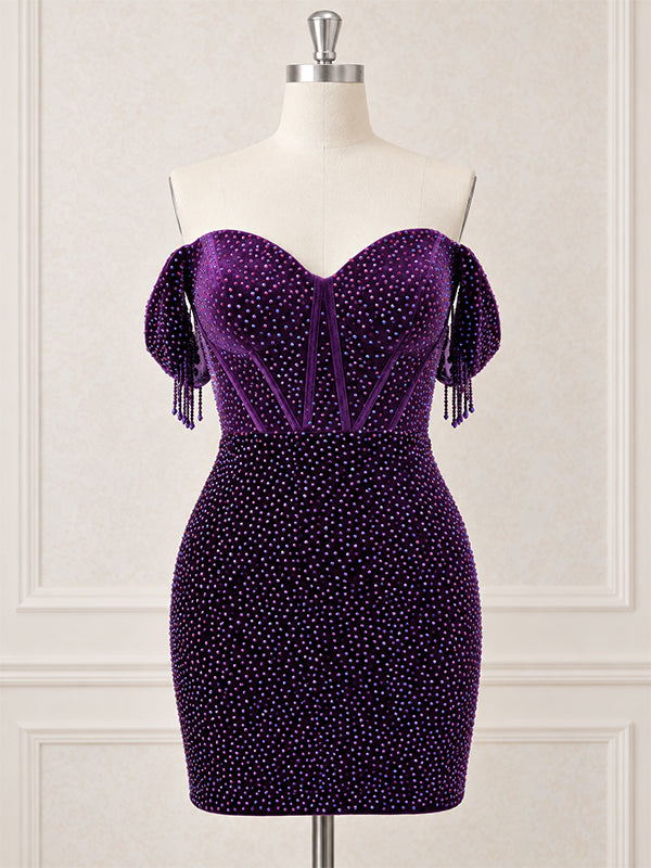 Sparkly Purple Rhinestones Off Shoulder Homecoming Dress with Fringe, HC382287