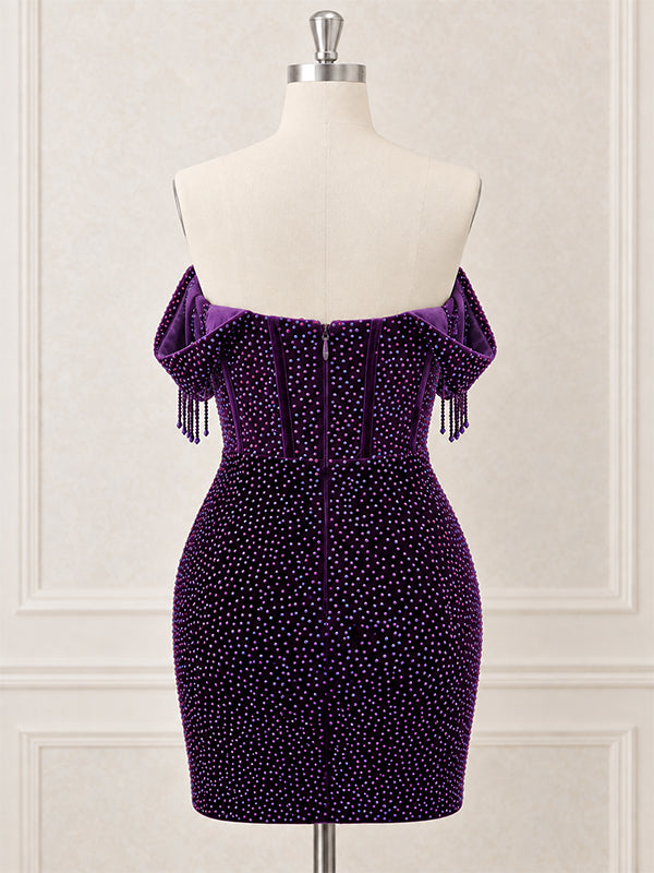 Sparkly Purple Rhinestones Off Shoulder Homecoming Dress with Fringe, HC382287