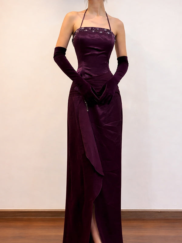 Vintage Purple Beaded Halter A-line Prom Dress, Evening Dress, PD3822998