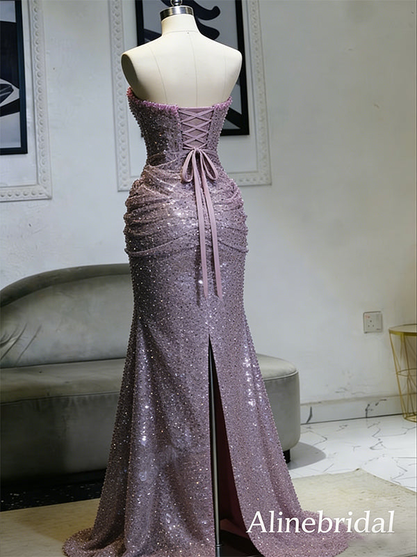 Unique Purple Sequins Strapless Mermaid Prom Dress with Slit, Evening Dress, PD3823049