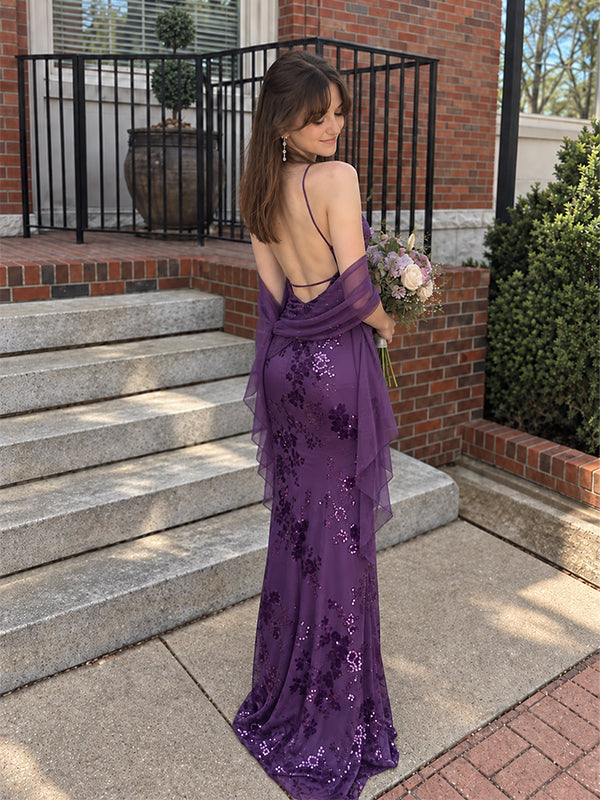 Elegant Purple Sequin V-Neck Mermaid Prom Dress, Evening Dress, PD28231254