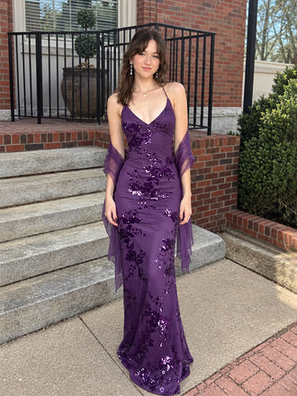 Elegant Purple Sequin V-Neck Mermaid Prom Dress, Evening Dress, PD28231254