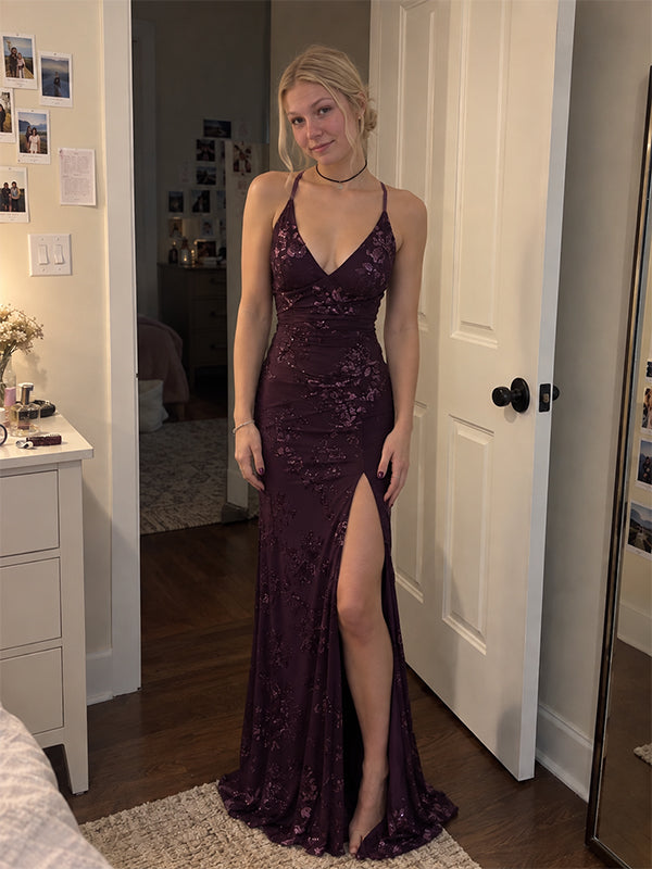 Vintage Purple Floral Sequin Mermaid Prom Dress, Evening Dress, PD28231249