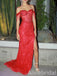 Sparkly Red Beading Off the Shoulder Prom Dress with Slit, Evening Dress, PD3822964