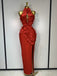 Stunning 3-D Floral Red Halter Mermaid Evening Dress with Slit, Prom Dress, PD28231230