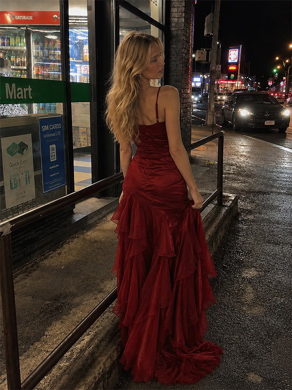 Elegant Burgundy Sequin V-Neck Ruffled Tiered Evening Dress, Prom Dress, PD28231303