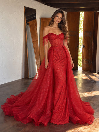 Gorgeous Red Beaded Off Shoulder Mermaid Evening Gown with Overskirt, Prom Dress, PD28231304