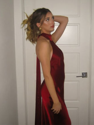 Elegant Burgundy Halter Backless Soft Satin Maxi Long Prom Dress, Evening Dress, PD382278