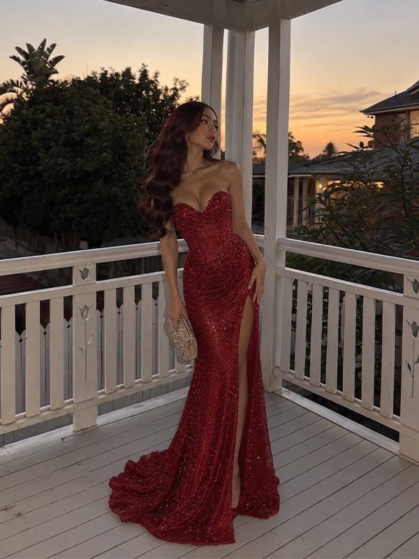 Sparkly Burgundy Sequin Strapless Mermaid Prom Dress, Evening Dress, PD28231284