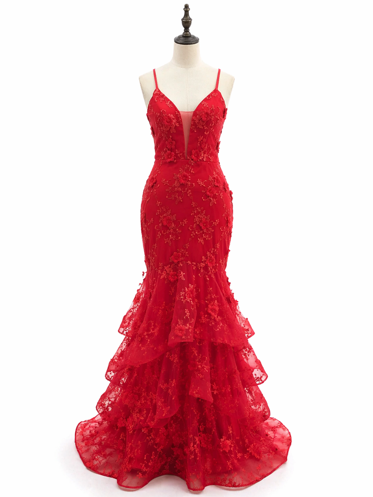 Stunning Red Floral Mermaid Prom Dress with Tiered Ruffles, Evening Dress