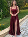 Elegant Burgundy Square A-line Evening Dress with Slit, PD2823091