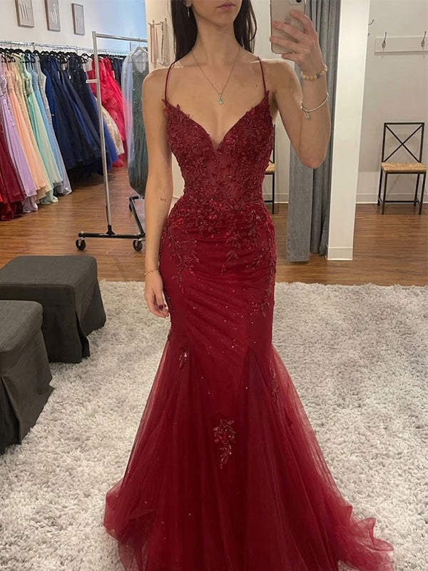 Stunning Red Lace Appliques Backless Mermaid Long Prom Dress with Slit – AlineBridal