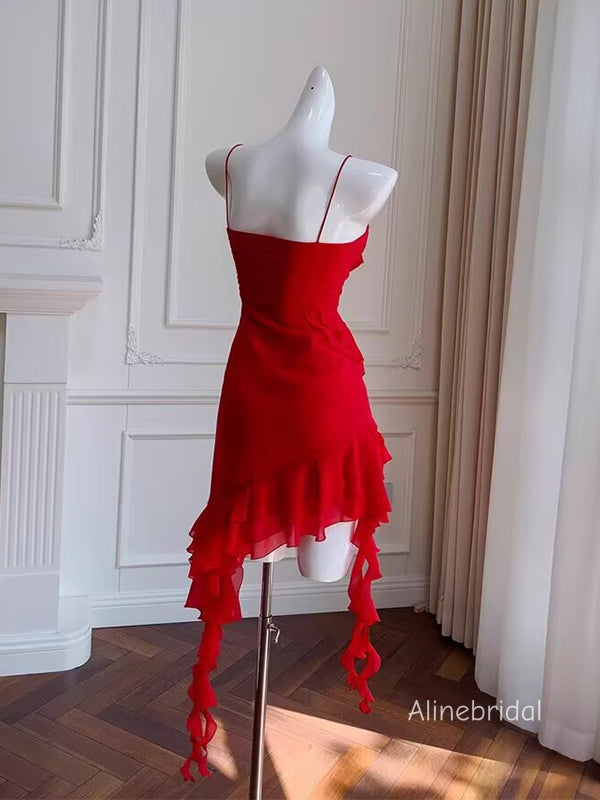 Sexy  Spaghetti Straps Rufflles Asymmetrical Streamers A-line Red Chiffon Mini Homecoming Dress, PD382259