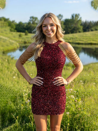 Sparkly Red Sequins Halter Short Homecoming Dress, HC382299