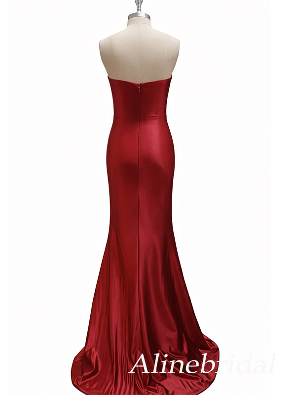 Sexy V-neck Burgundy Strapless Long Mermaid Prom Dress, PD382026