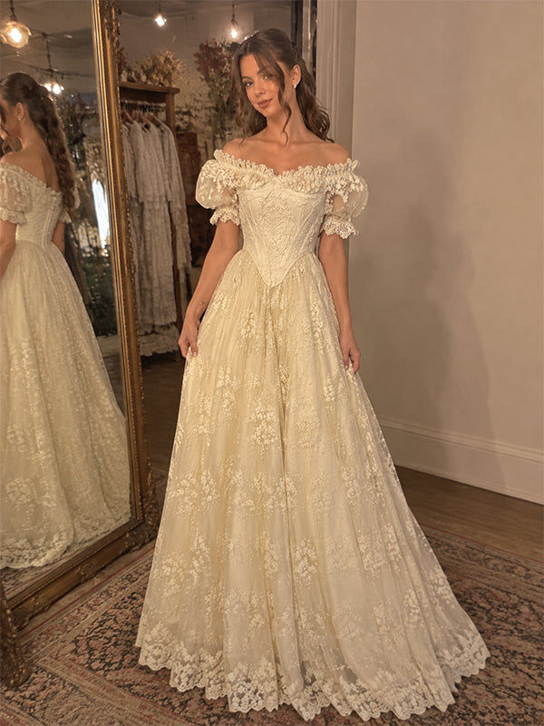 Vintage Off Shoulder Basque Waist A-line Lace Tulle Wedding Dress with Puff Sleeves, WD32254