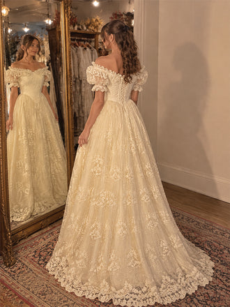 Vintage Off Shoulder Basque Waist A-line Lace Tulle Wedding Dress with Puff Sleeves, WD32254