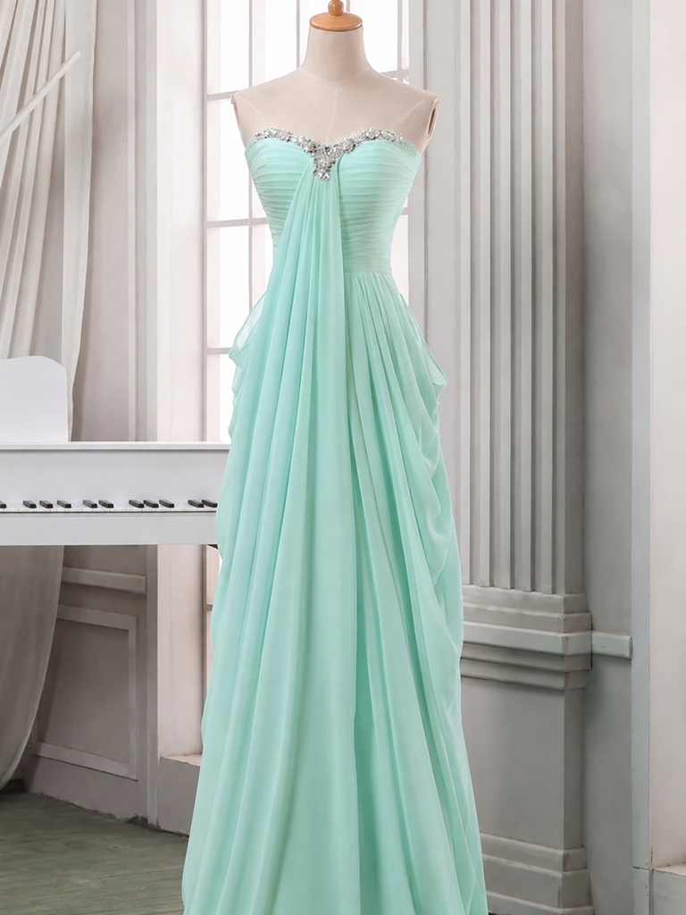 Elegant Mint Green Chiffon Strapless A-line Prom Dress with Crystal Beaded Bodice, PD3823000