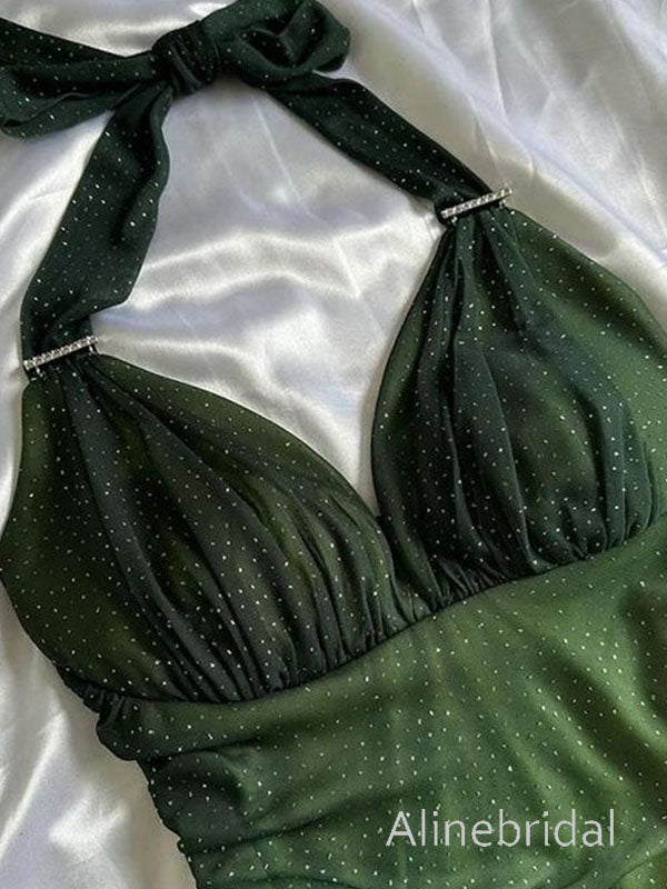 Vintage Green Halter Ruffled Tulle Prom Dress, Evening Dress, PD3822993