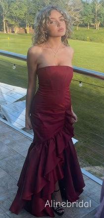 Elegant Burgundy Strapless Ruffle High Low Prom Dress, Evening Dress, PD382288