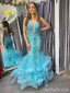 Stunning Blue Sequins V-neck Mermaid Long Prom Dress, Backless Tiered Tulle Evening Dress, PD3823001