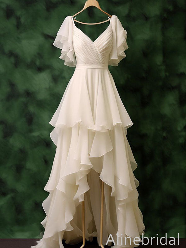 Elegant Ivory Chiffon Ruffles High Low A-line Tiered Wedding Dress, PD – AlineBridal