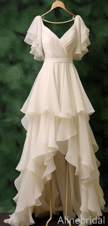 Elegant Ivory Short Sleeves A-line High LowChiffon Prom Dress, Ruffled Tiered Evening Dress, PD3822990