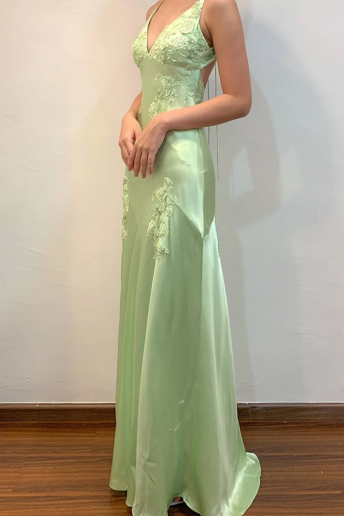 Elegant Sage Green Satin Maxi Prom Dress with Lace Appliques, PD3823041