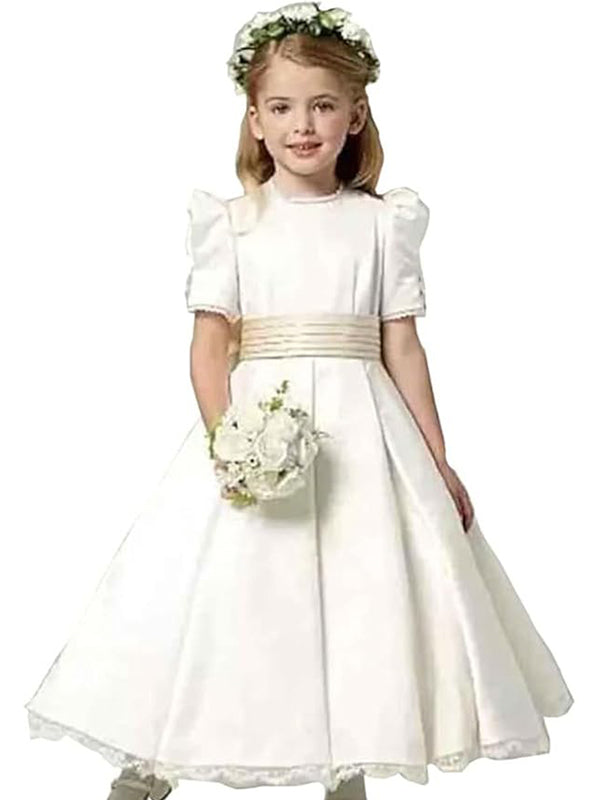 Elegant Ivory A-line Satin A-line Flower Girl Dress with Bubble Sleeves, FGS193