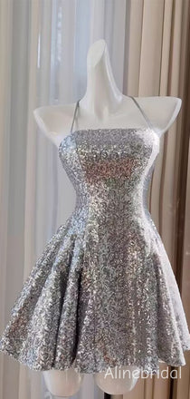 Sexy  Spaghetti Lace-up Back A-line  Silver Sequins Mini Homecoming Dress, PD382258