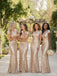 Elegant Champagne Gold Sequins Bateau Floor Length Bridesmaid Dress with Cap Sleeves, PD2823096