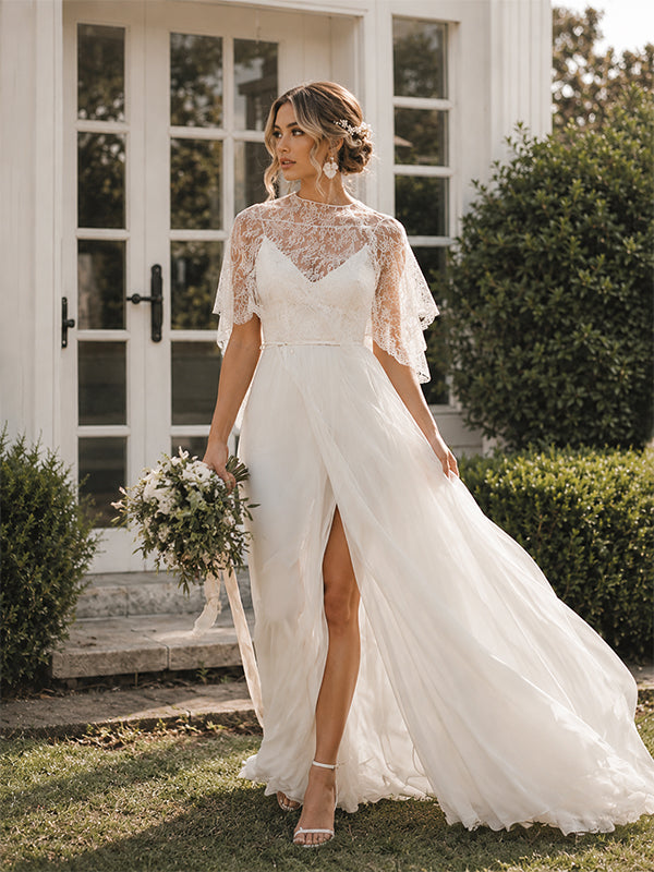 Vinatge Boho Lace Capelet A-line Chiffon Wedding Dress, AB1572