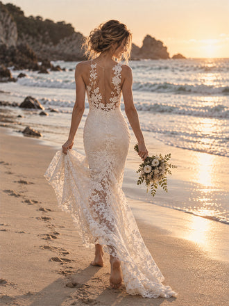 Elegant Halter Lace Mermaid Wedding Dress, WD0024