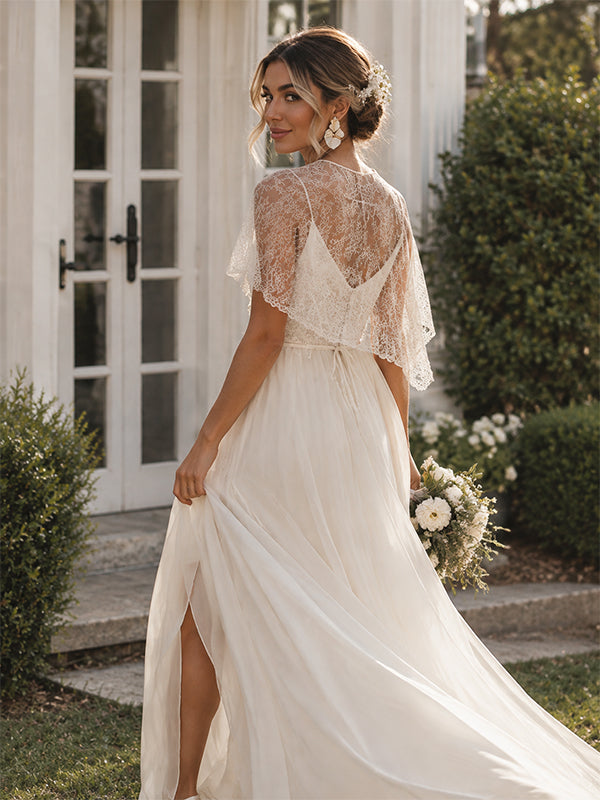 Vinatge Boho Lace Capelet A-line Chiffon Wedding Dress, AB1572