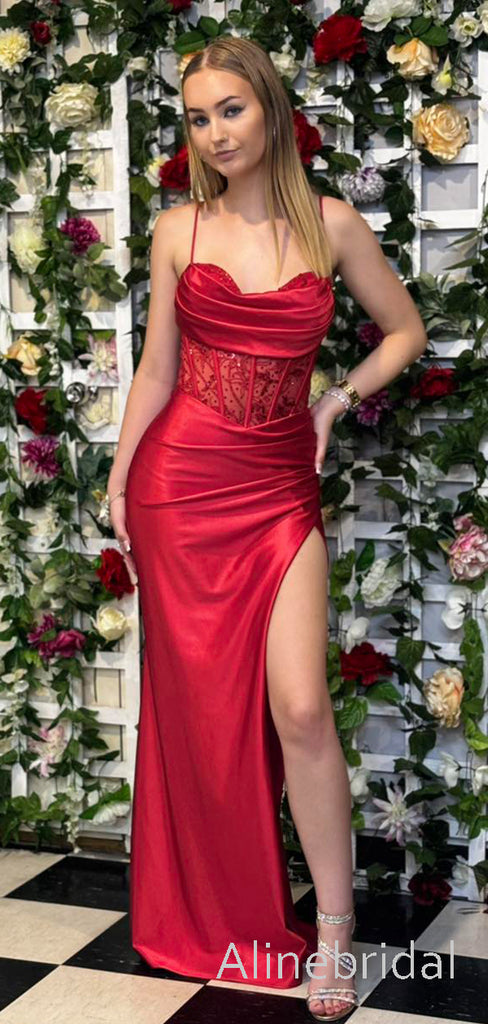 Elegant Red Cowl Neck Pleated Lace Applique Prom Dress with Slit, Evening Dress, PD3822966
