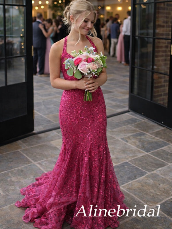 Sparkly Pink Sequins Mermaid Prom Dress with Lace-Up Back, Evening Dress, PD3823014